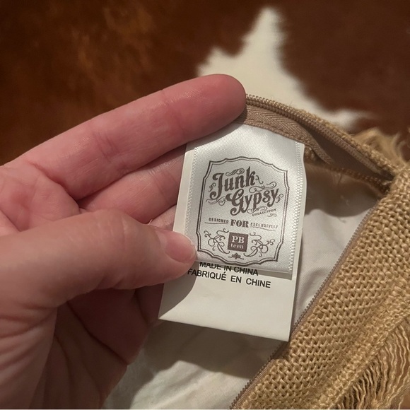 Pottery Barn Teen Junk Gypsy Y’all Burlap Throw Pillow Western Boho Fringe - Picture 5 of 5